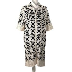 Solitaire Crochet Granny Duster Cardigan Womens Large Black Cream Geometric Boho